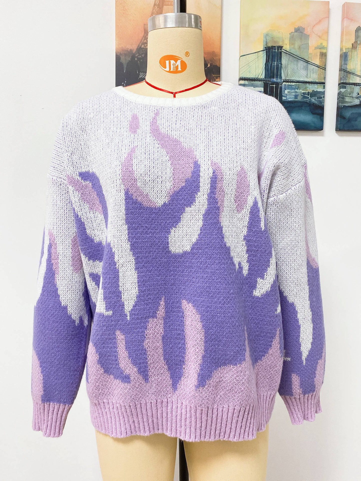 FLAME-JACQUARD CREW-NECK LONG-SLEEVED SWEATER