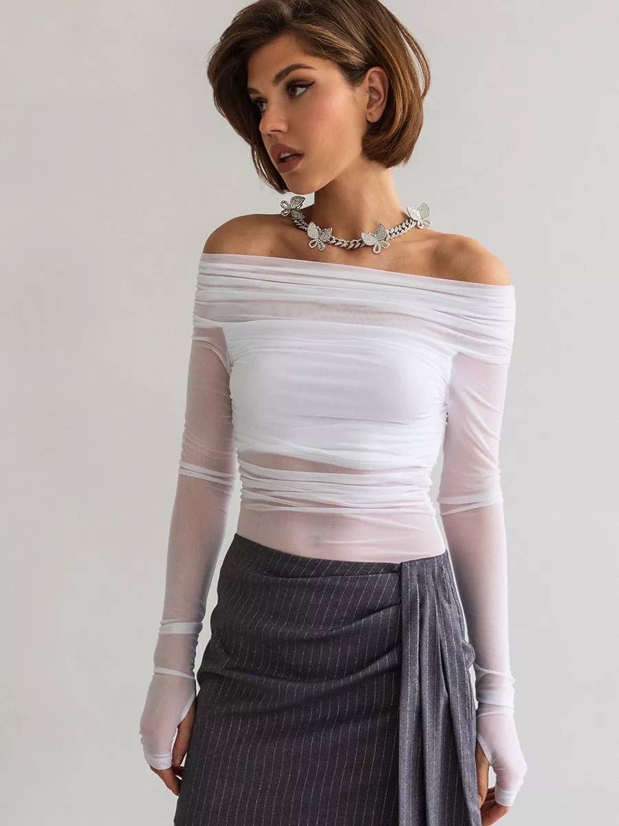 Solid color fit line neck gauze long sleeve top