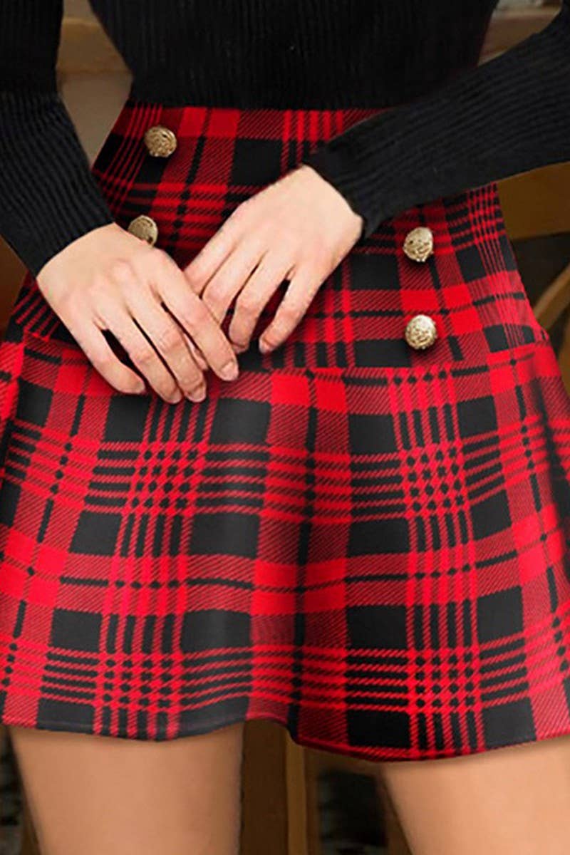 CWBSS0477_PLAID PRINT BUTTON HIGH WAIST MINI SKIRT