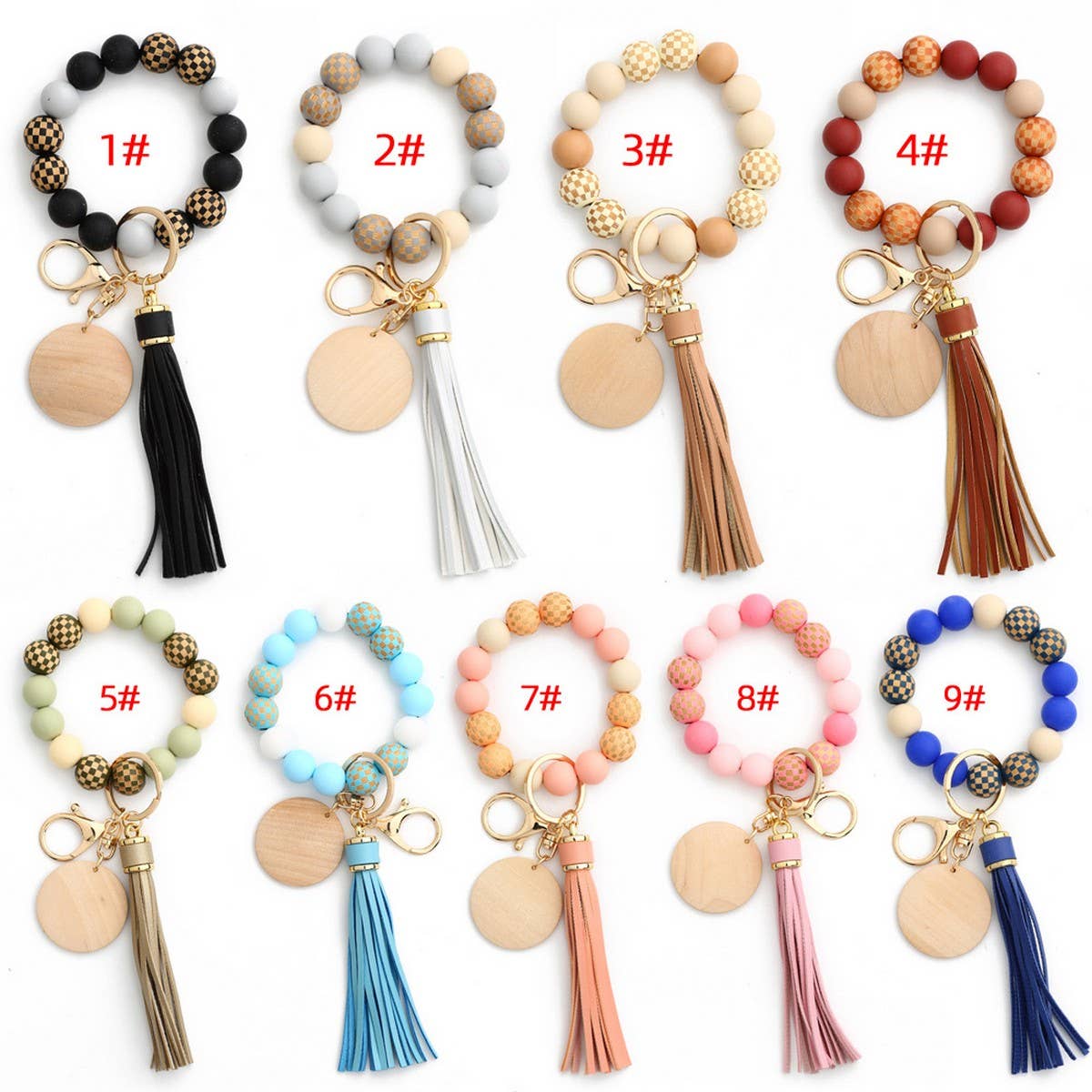 Checkerboard Wood Bead Bracelet Silicone Keychain_CWMM6877