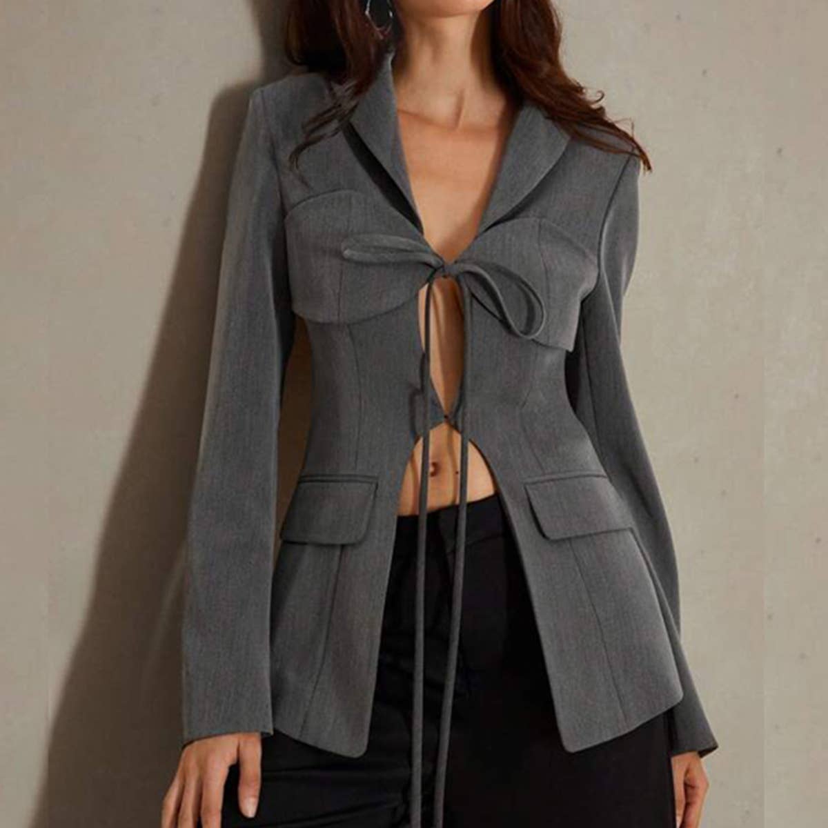 Sexy V-Neck Lace-Up Waist Blazer with Asymmetry
