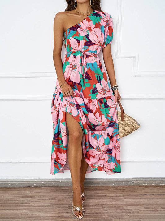 PRINTED BOHO DRESS WITH SLOPING NECK