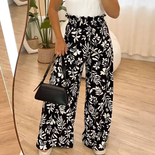 PRINTED ELASTIC WAIST LOOSE STRAIGHT LEG TROUSERS
