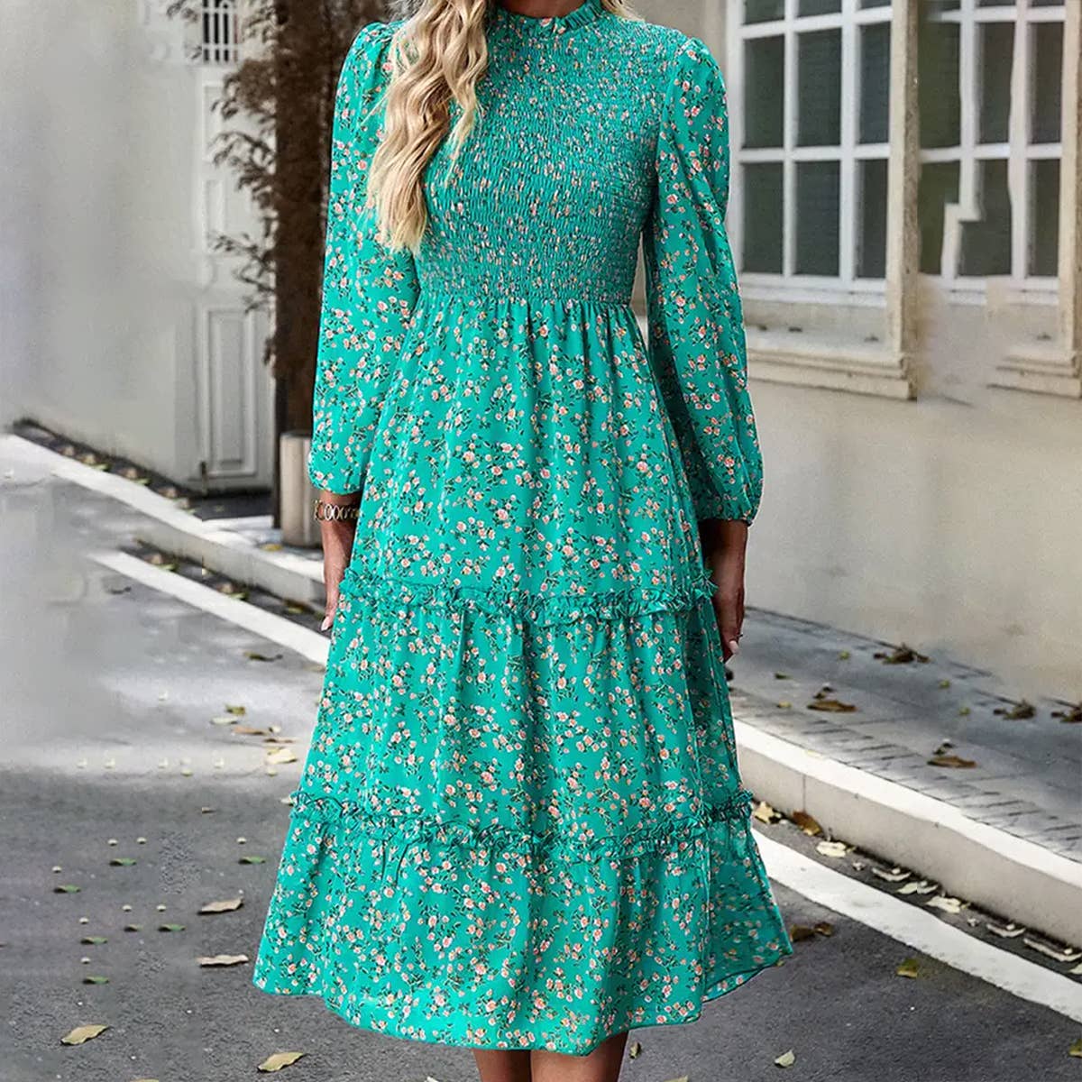 WOMENS CASUAL FLORAL WOODEN EAR EDGE DRESS_CWDMD0711