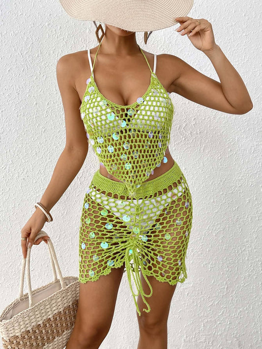Sequin splicing pure hand-hook bikini smock set
