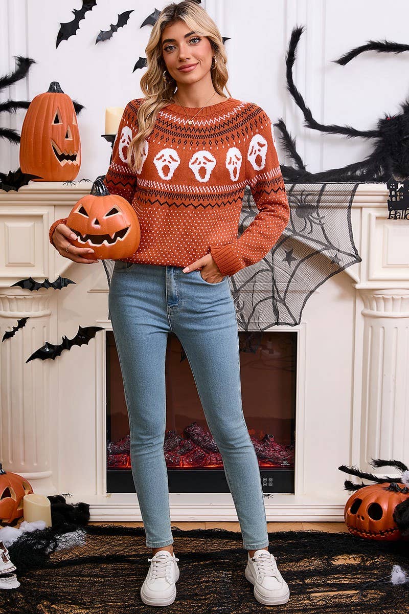 CWOSWL07357_LOOSE HALLOWEEN SKULL JACQUARD CREWNECK SWEATER
