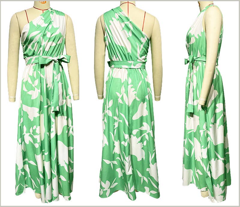 SEXY WAISTLINE PRINT SKEW COLLAR TUNIC DRESS