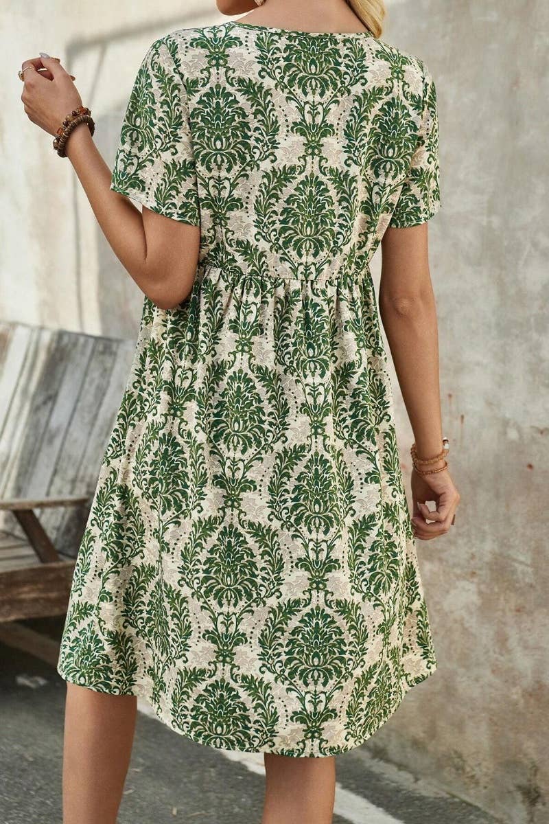 CWDSD4890_SUMMER V-NECK SHORT SLEEVE BOHO PRINT DRESS