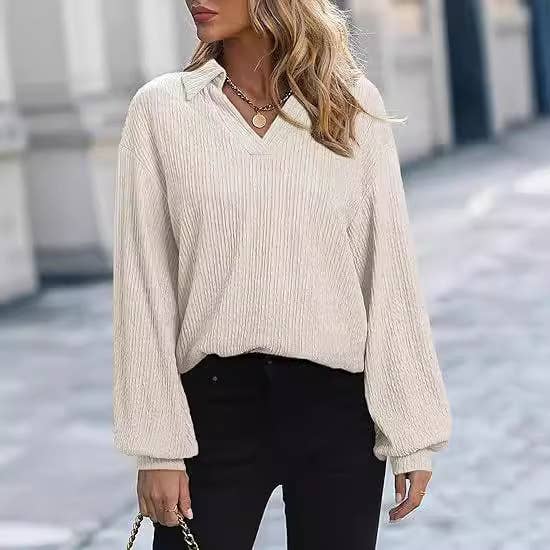 SOLID COLOR LAPEL LOOSE LONG-SLEEVED POLO SHIRT