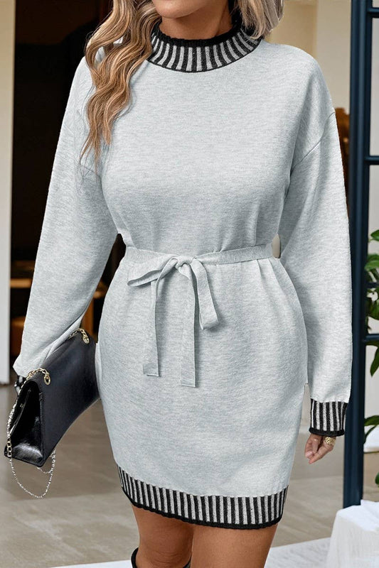 CWDSD10583_STRIPED TRIM MOCK NECK COLORBLOCK SWEATER DRESS