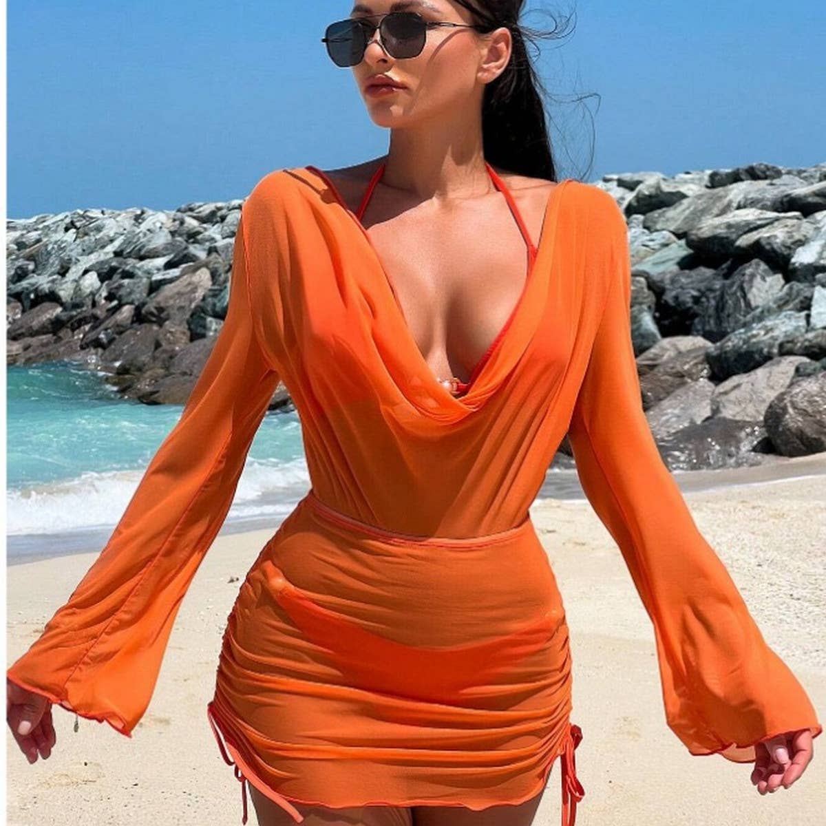 WOMEN MESH BLOUSE SWIMSUIT THREE PIECE SET