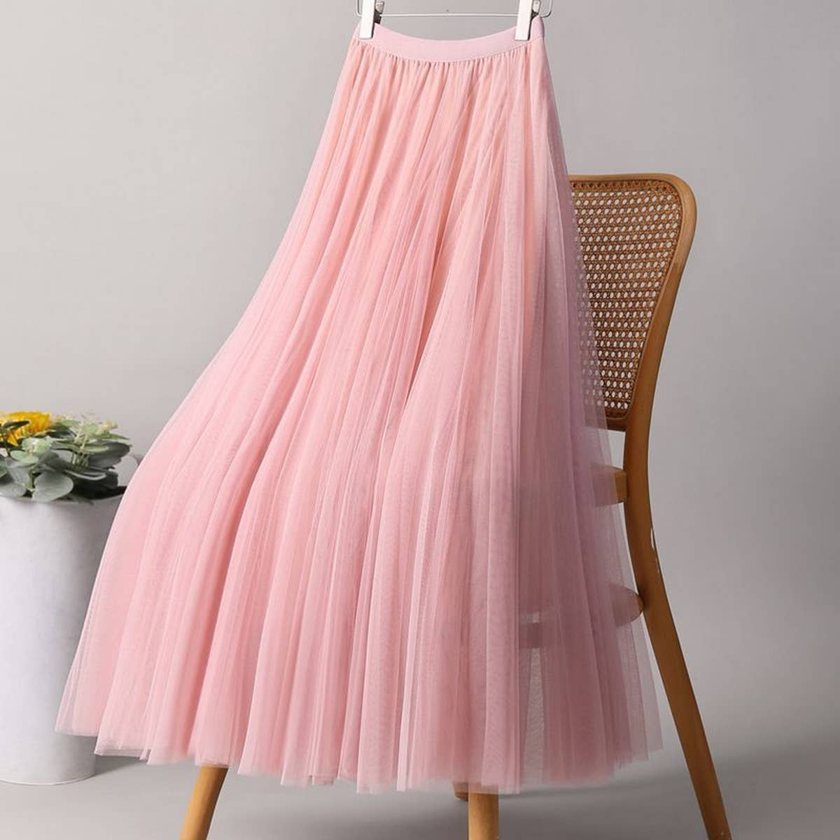 SOLID COLOR ELASTIC-WAIST MESH TULLE A-LINE SKIRT_CWBLS0372