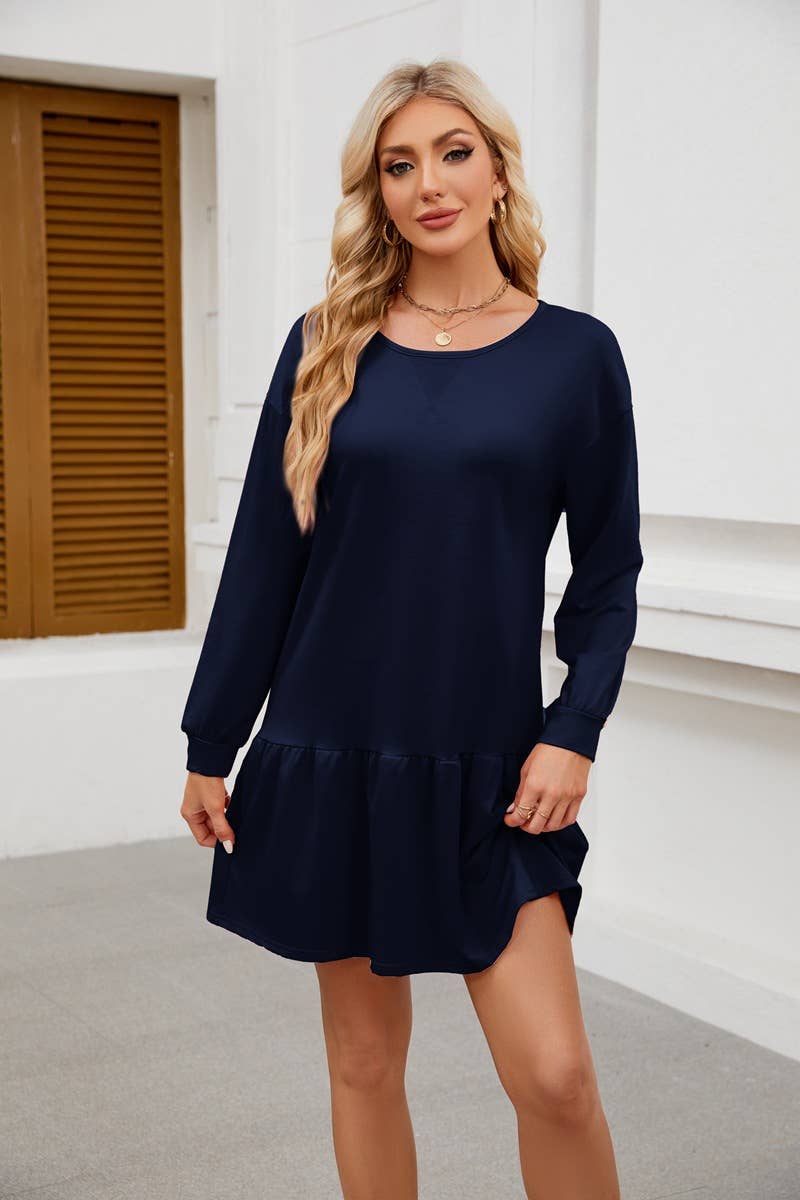 ROUND NECK LONG SLEEVE SOLID COLOR SHORT DRESS