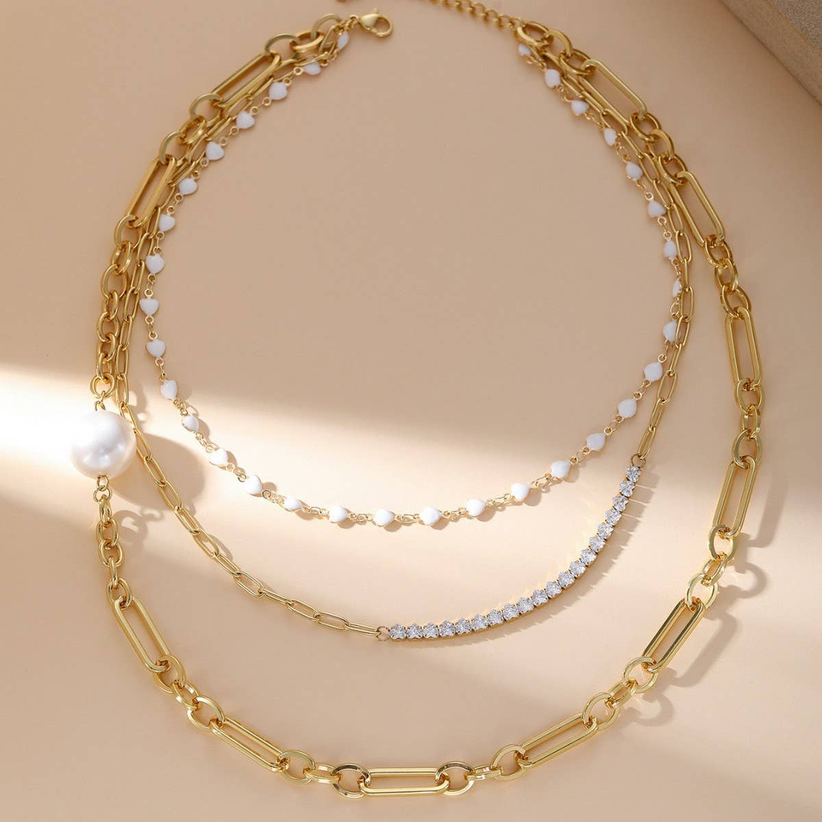 STAINLESS STEEL SMALL PEARL THREE-LAYER NECKLACE_CWMM3581