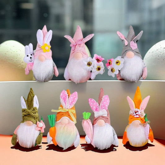 EASTER BUNNY GNOME HOLDING A BOUQUET OF FLOWERS