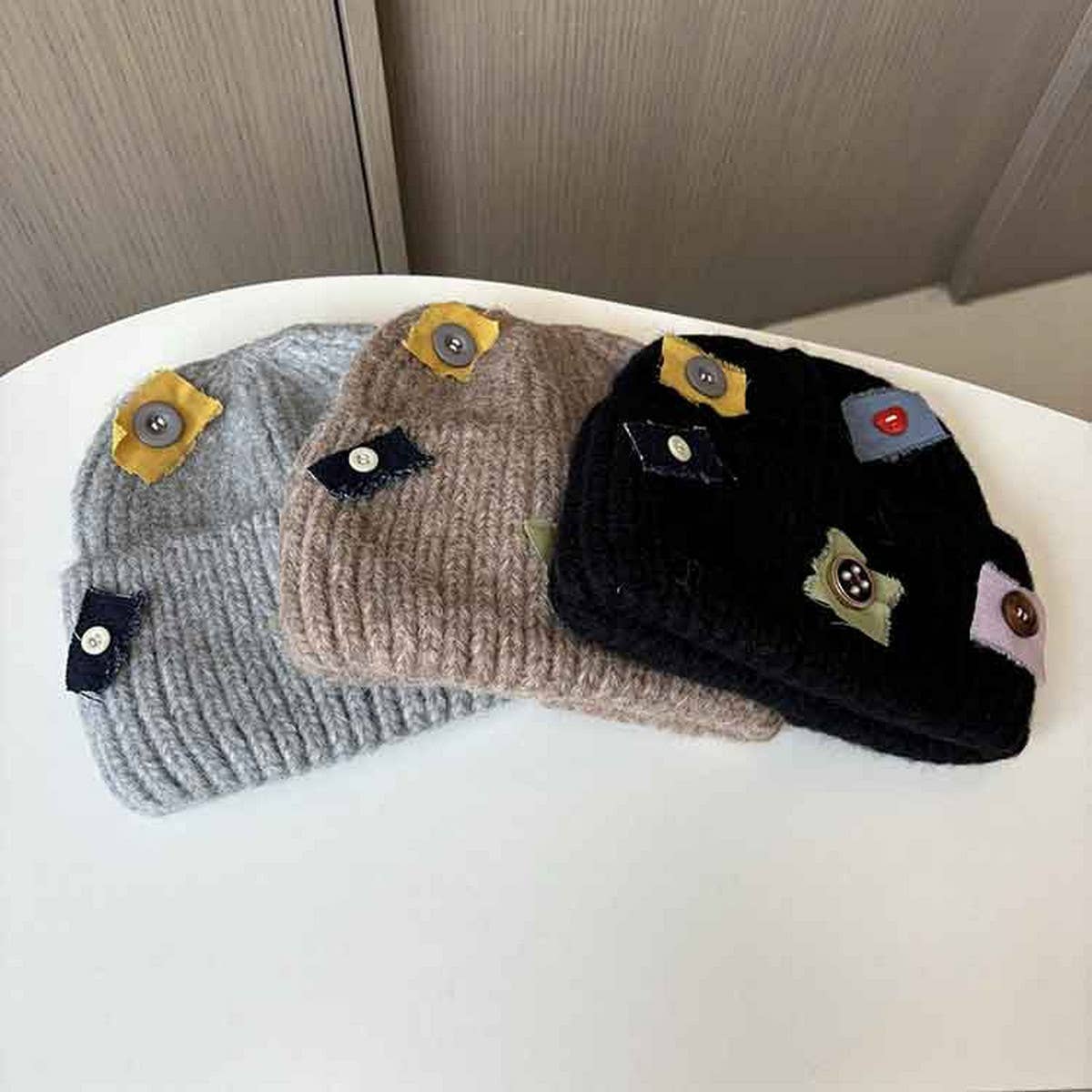 WARM PATCH BUTTON KNIT HAT_CWAB2908