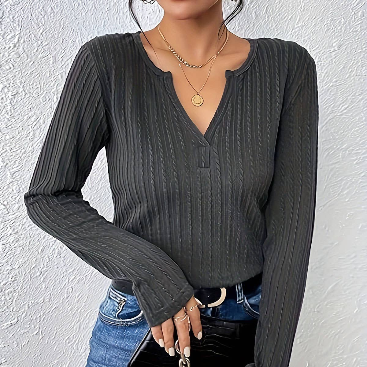 V-NECK T-SHIRT CASUAL JACQUARD TEXTURE KNIT TOP