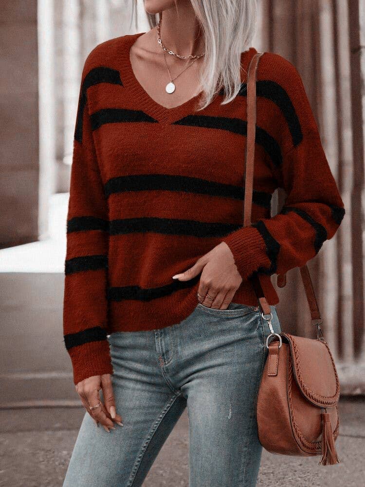 VINTAGE STRIPED LOOSE V-NECK PULLOVER SWEATER