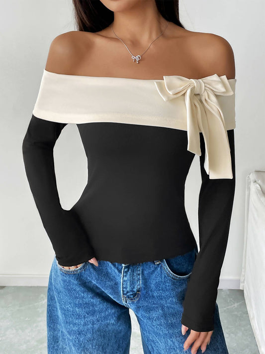 FASHION OFF-THE-SHOULDER BOW LONG-SLEEVED T-SHIRT