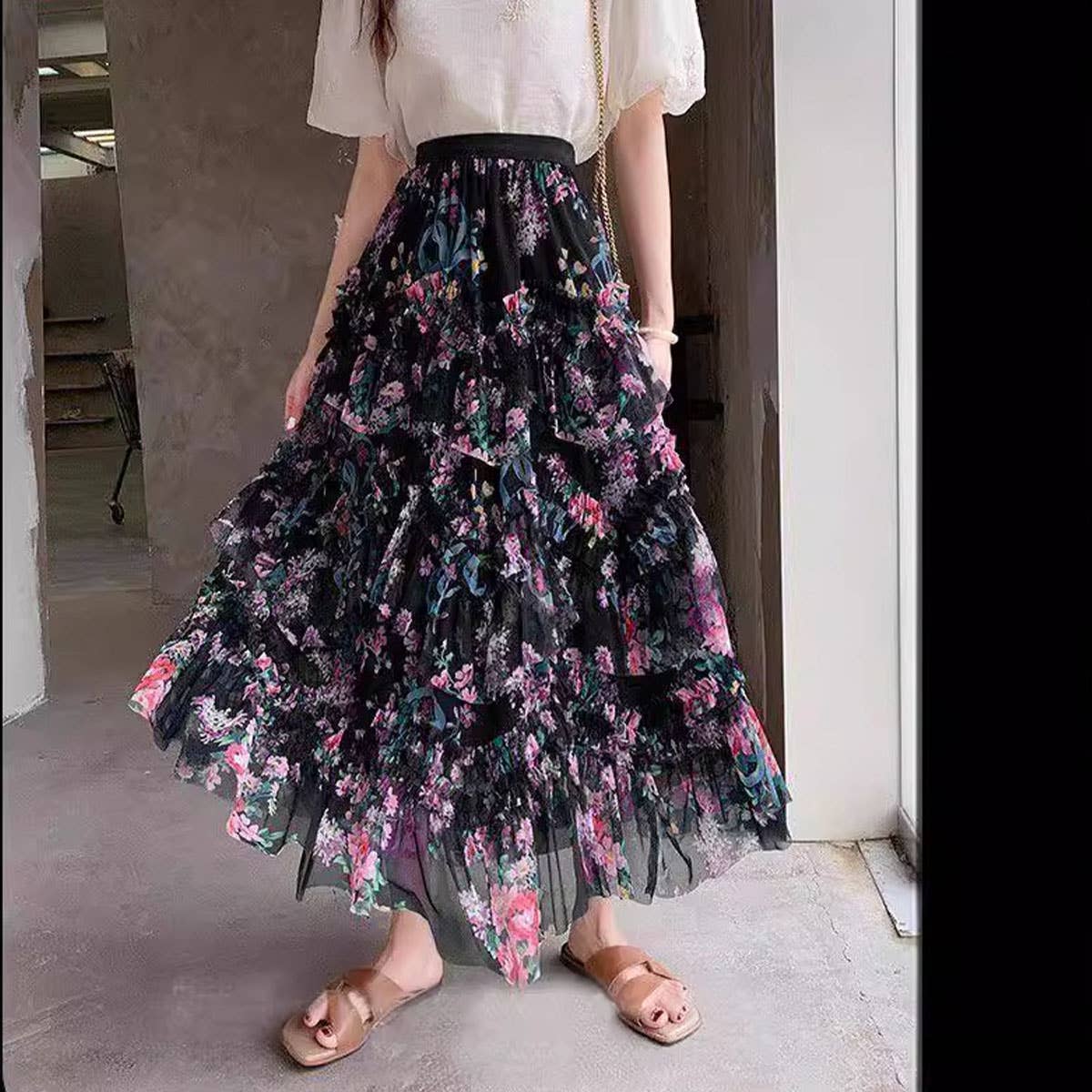 COLORFUL FLORAL MESH PRINT PLEATED TULLE SKIRT