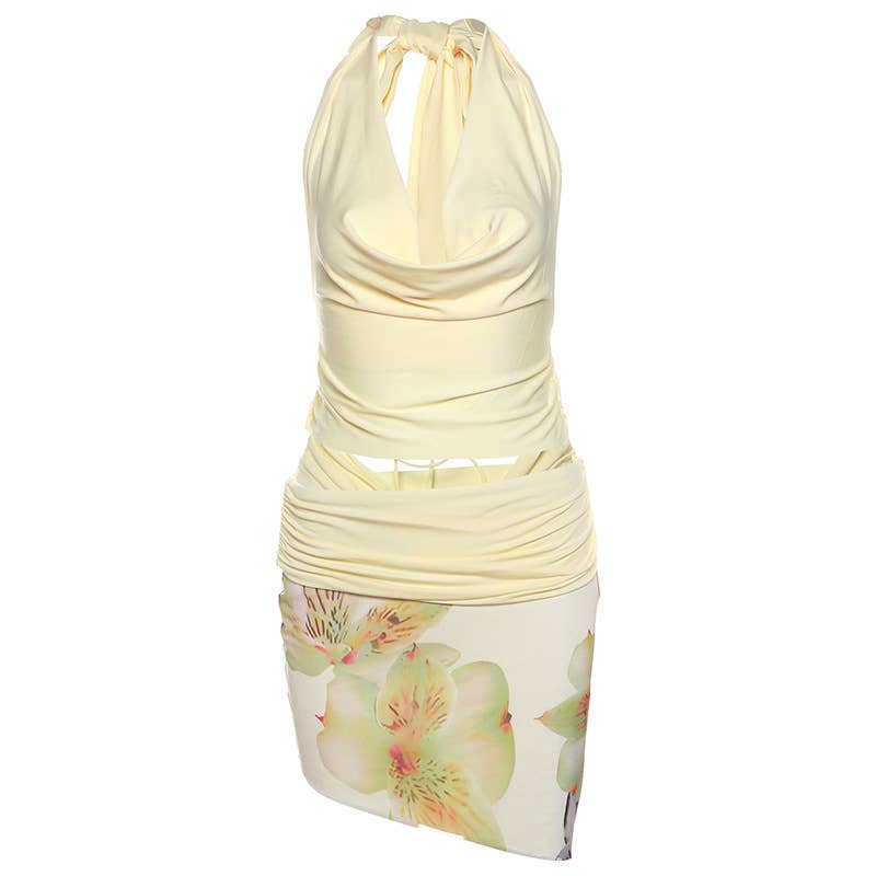 Sexy Halter Cowl Backless Top and Skirt Set