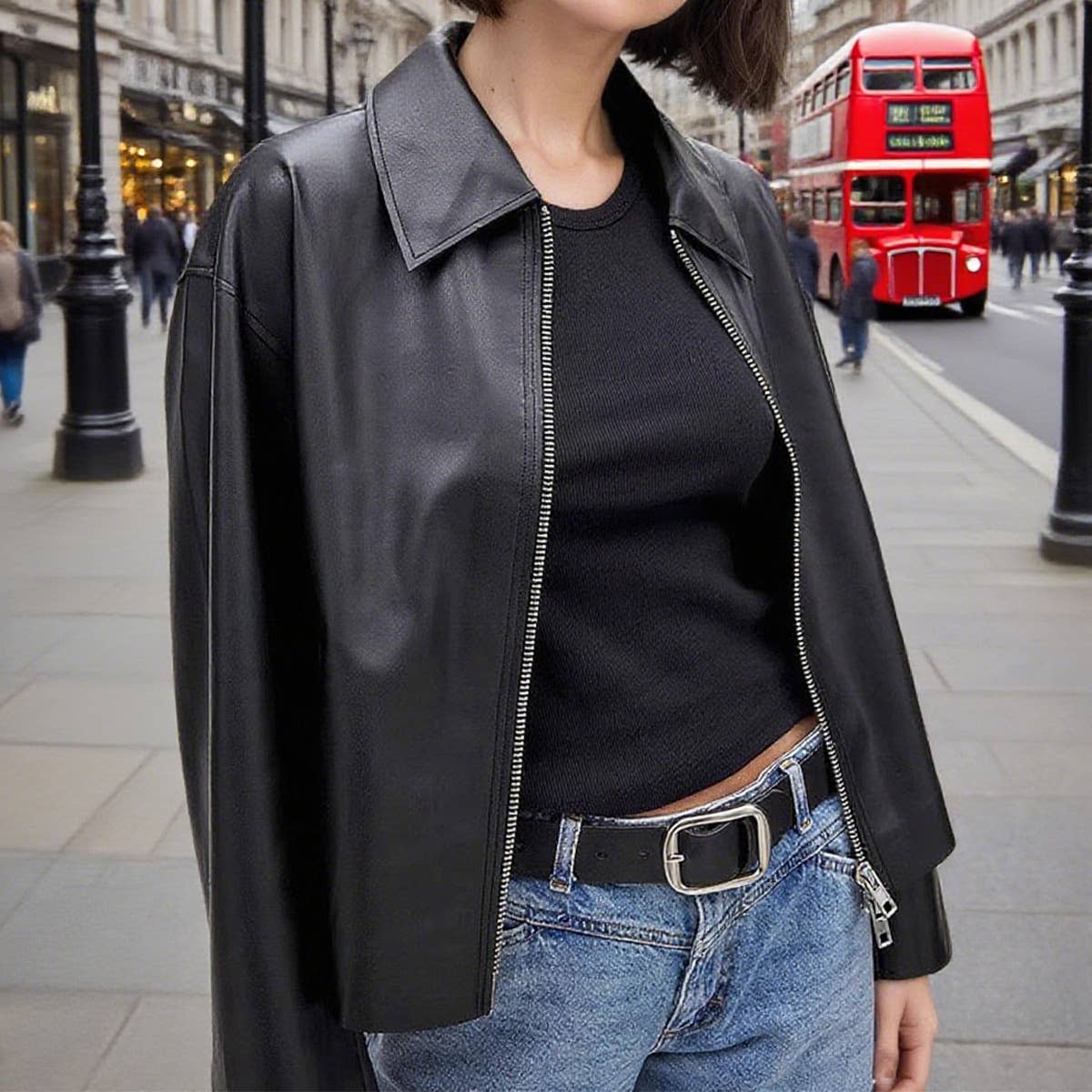 Stylish lapel zipper short leather jacket