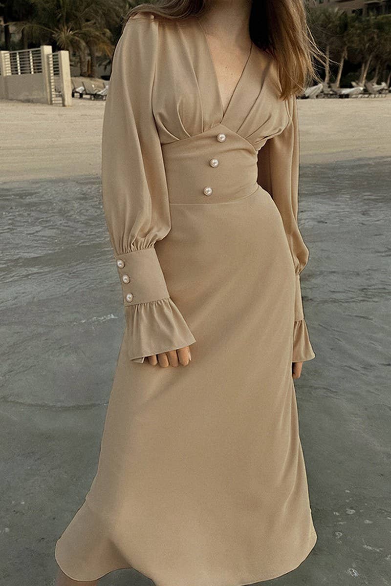 CWDMD4260_LANTERN SLEEVE V-NECK RETRO SLIM DRESS