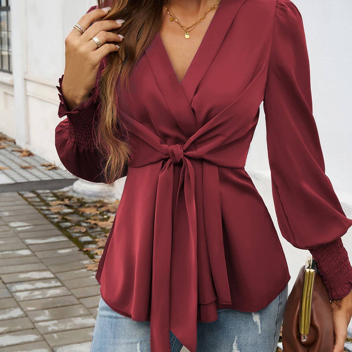 Temperament casual V-neck long sleeve shirt