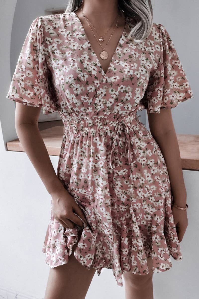 CWDSD4717_V-NECK FLORAL RUFFLED PLEATED DRESS SHORT