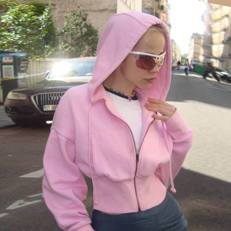 THREAD WAIST SLIMMING ZIPPER HOODED LOOSE JACKET