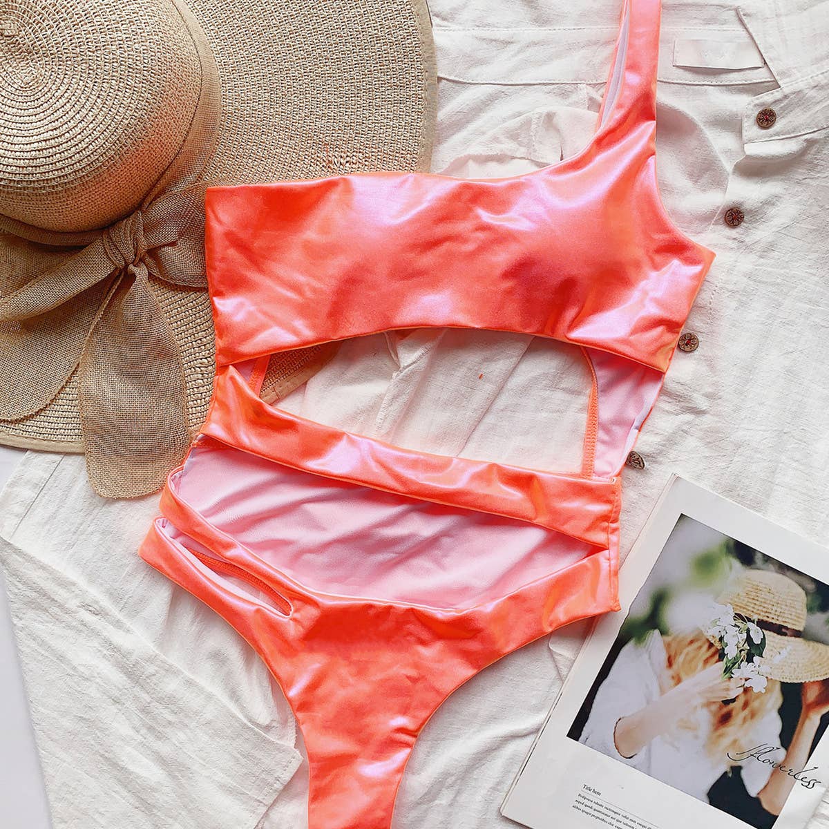 SEXY ONE-SHOULDER PATENT LEATHER SWIMSUIT