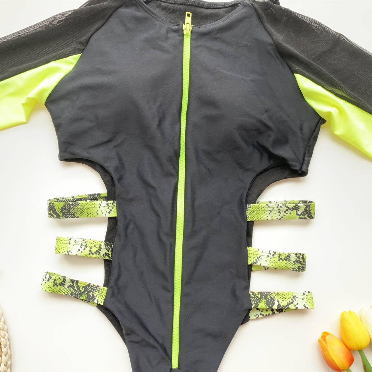 MESH HOLLOW LONG SLEEVE ZIPPER ONE-PIECE SWIMSUIT