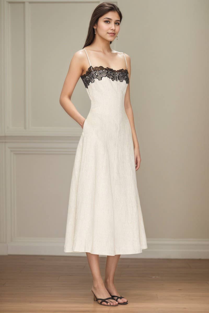 CWDMD6403_LACE COLORBLOCK OFF SHOULDER STRAP SUMMER DRESS