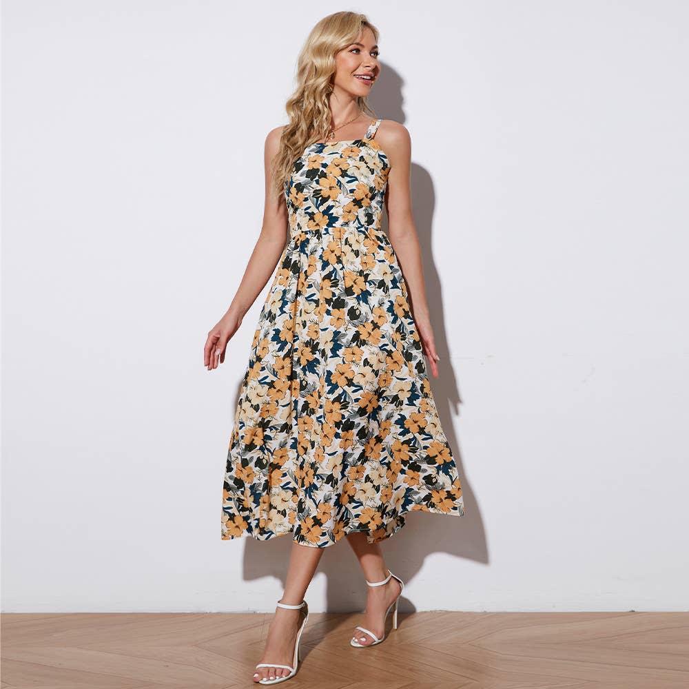 Sleeveless print French floral halter dress