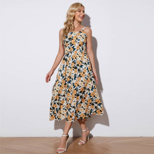 Sleeveless print French floral halter dress