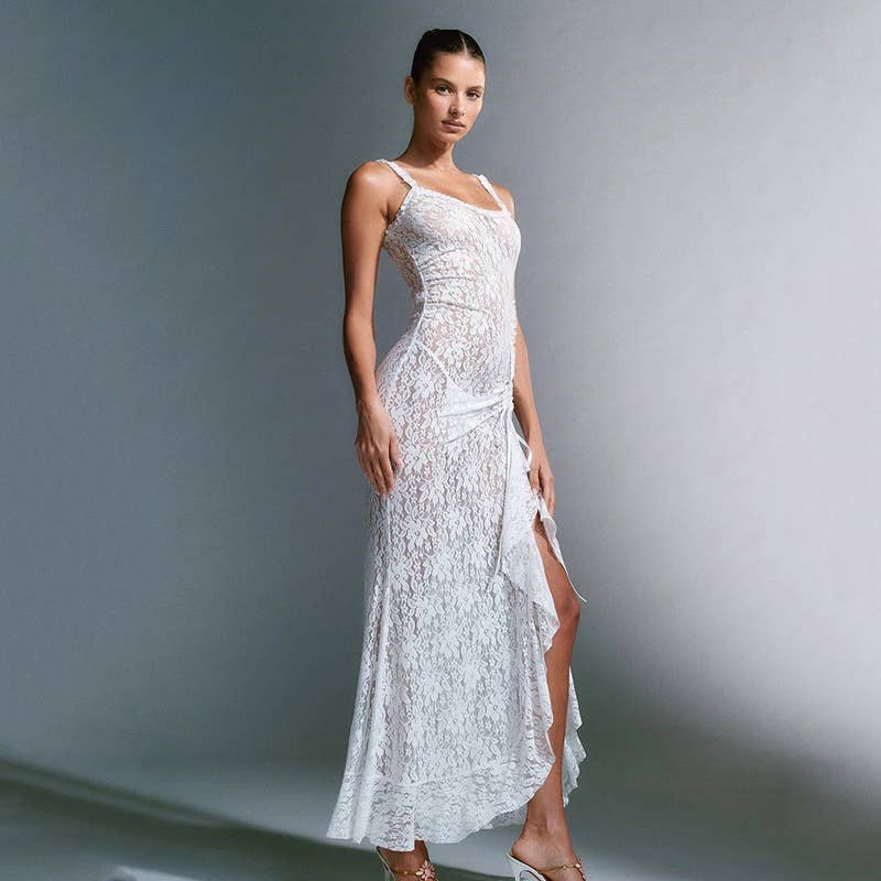 Lace semi-transparent halter one-shoulder dress