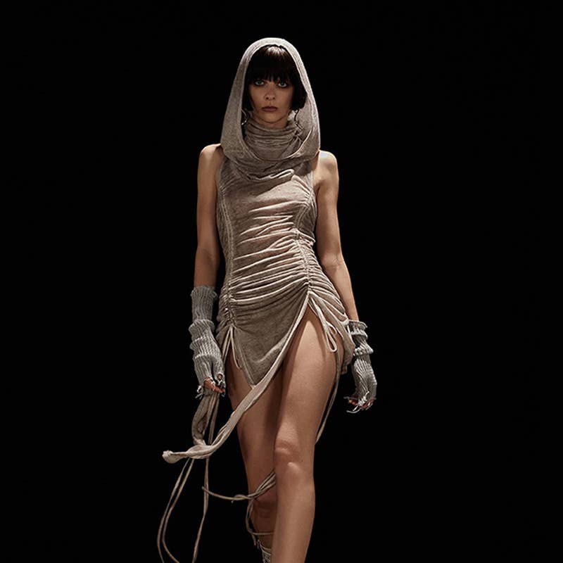 Ruched cutout drawstring hooded bodycon dress