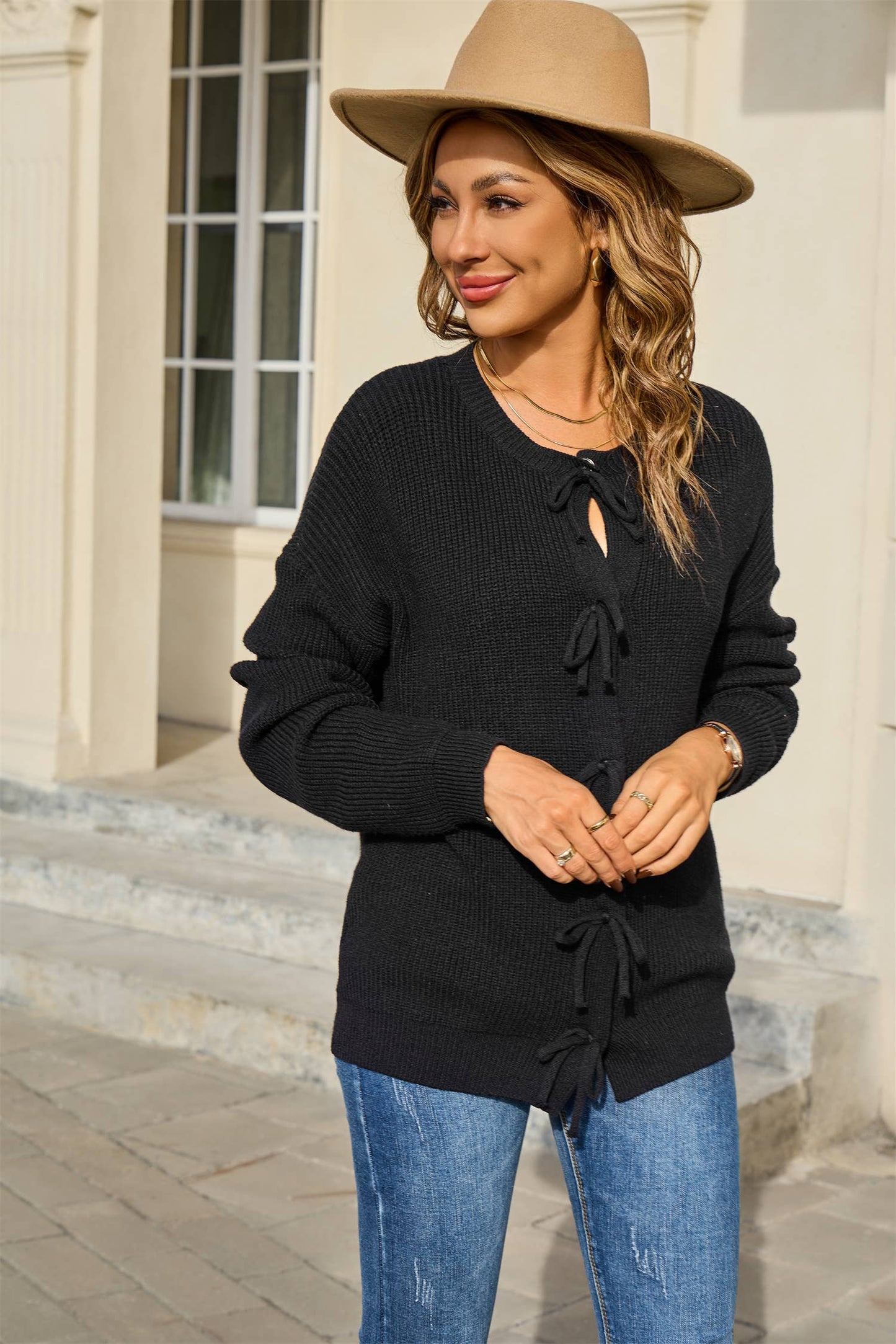 Round-neck solid-color knitted Cardigan