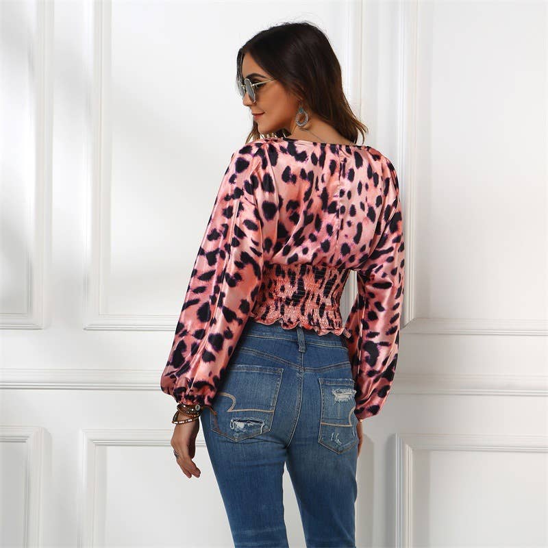 LEOPARD MIDRIFF WAIST FASHION V-NECK T-SHIRT
