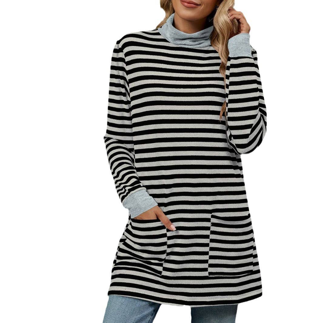 STRIPED BAGGY POCKET HIGH-NECK LONG-SLEEVED SHIRT