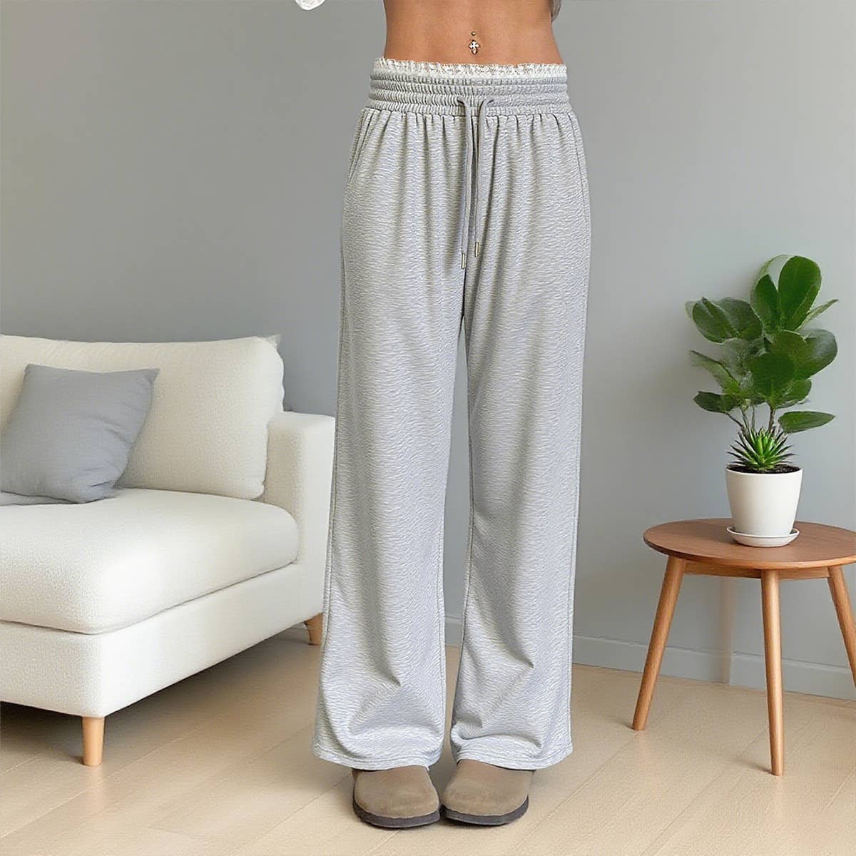 Lace lace-trimmed wide-leg casual trousers