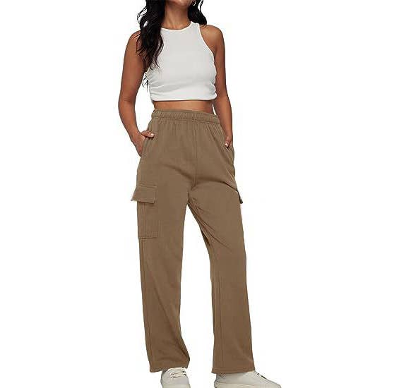 SOLID COLOR HIGH-WAISTED STRAIGHT LEG CARGO PANTS