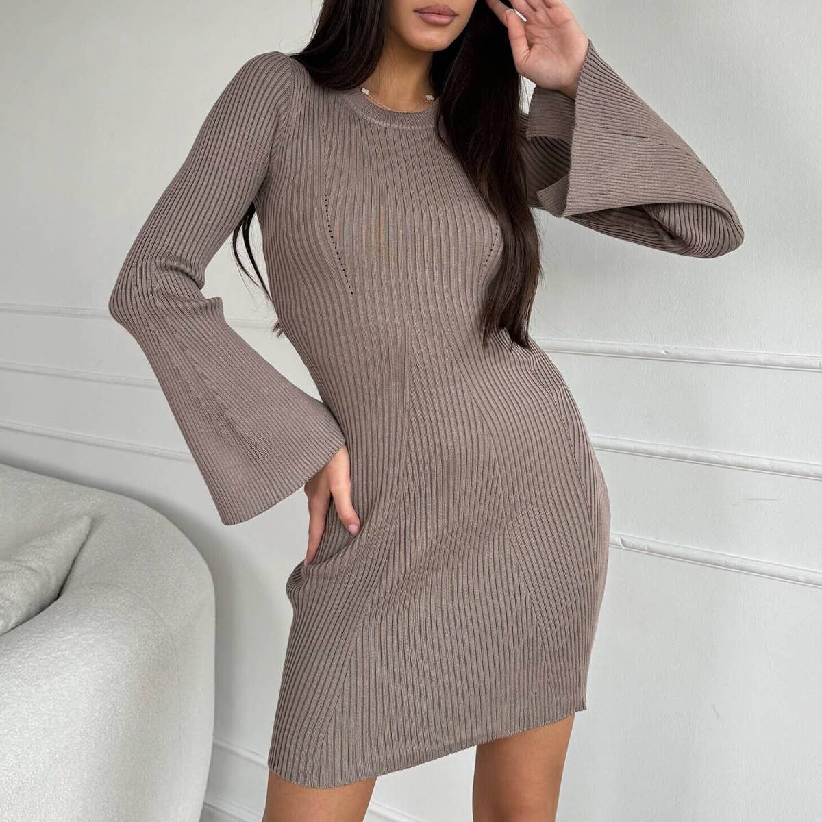 ROUND NECK FLARED SLEEVE PIT STRIP KNITTED DRESS