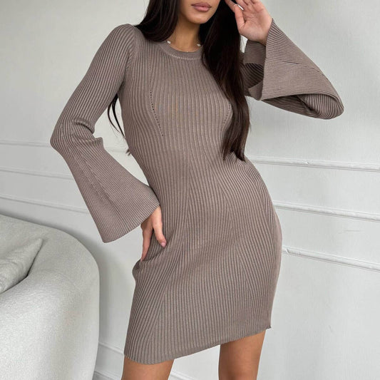 ROUND NECK FLARED SLEEVE PIT STRIP KNITTED DRESS