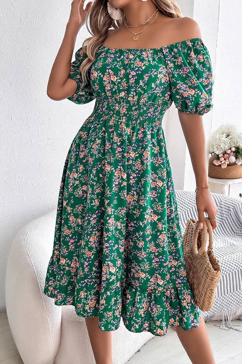 CWDSD8384_FLORAL SQUARE NECK RUFFLE HEM WAIST DRESS