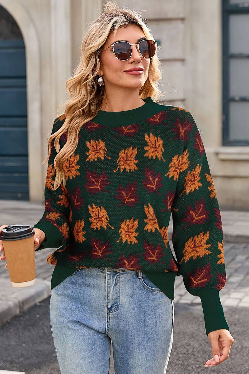 CWOSWL07299_CASUAL CREWNECK JACQUARD KNIT SWEATER WITH LEAF