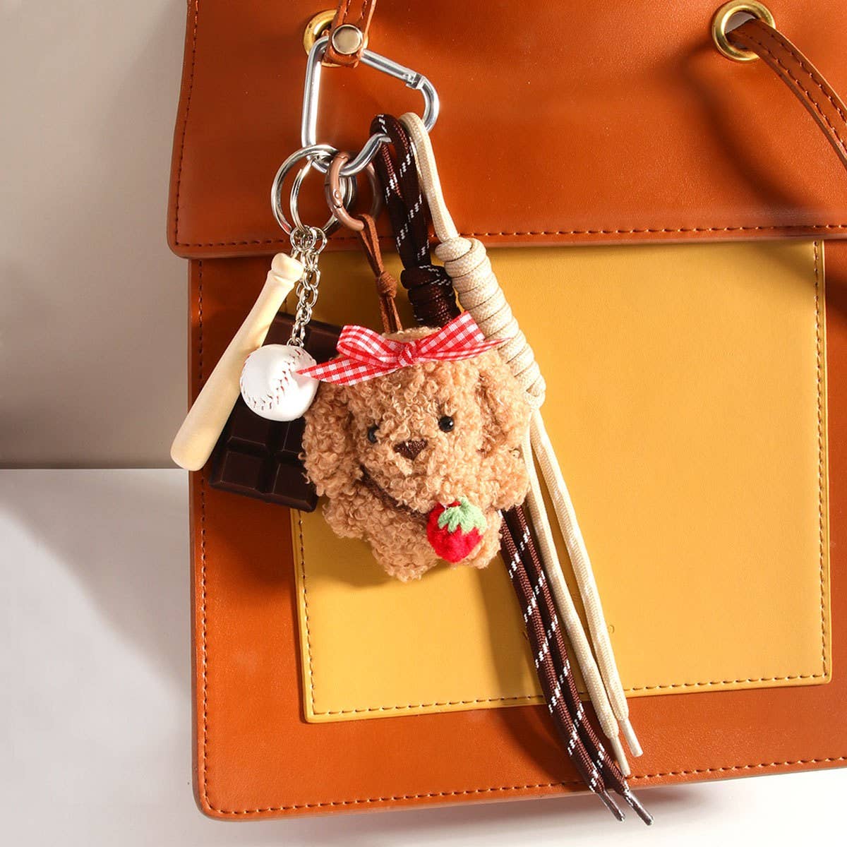Fluffy Dog Doll Keychain with Bow & Cord