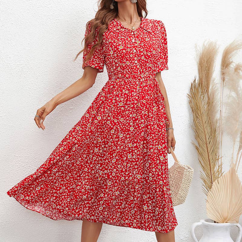 LAPEL FASHION PRINT SLIM SHORT-SLEEVED DRESS