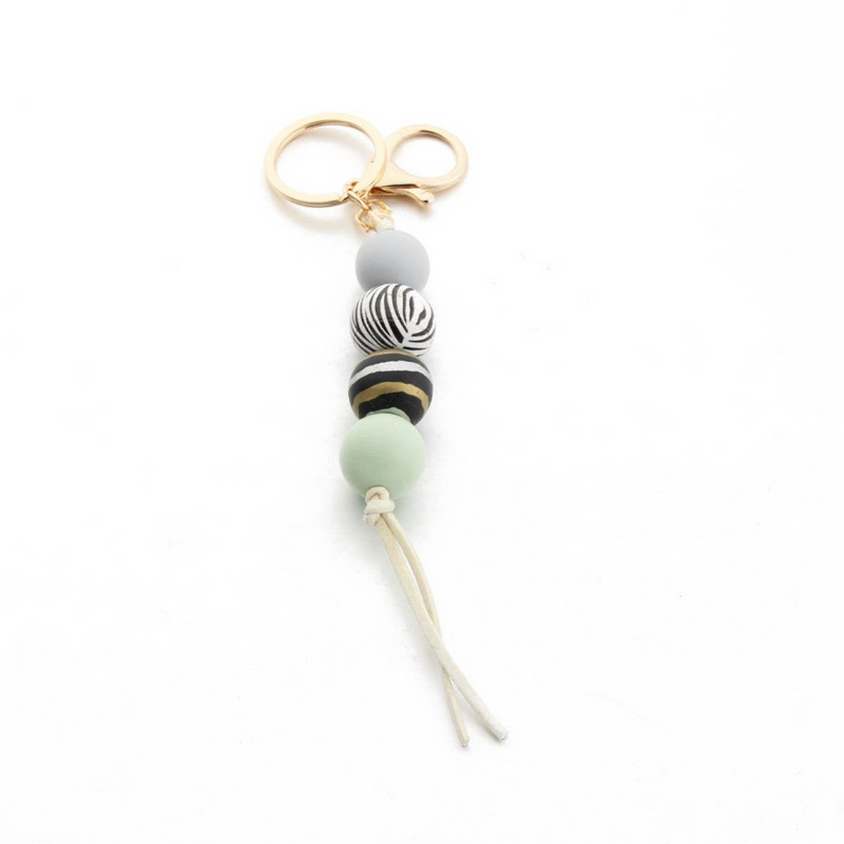 Leopard Wood Bead Keychain with Mini Tassel