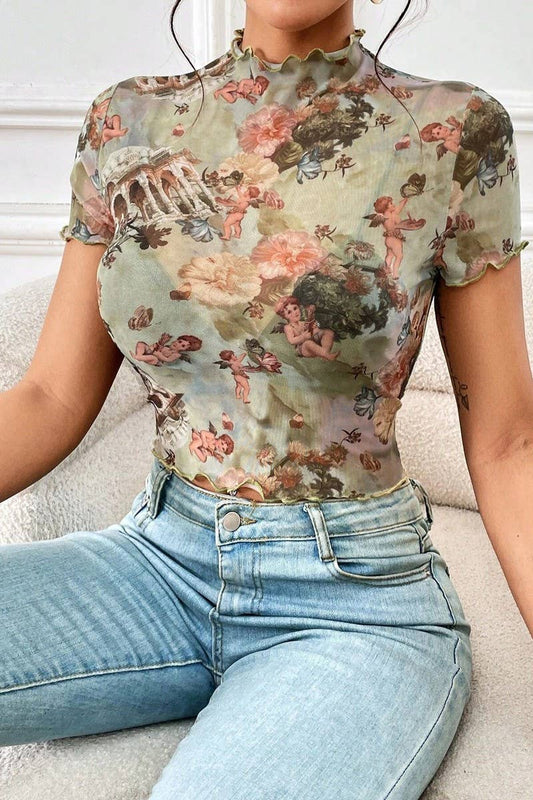 Cwtbls1534_Mesh Printed Ruffled Short Sleeve T-Shirt Top